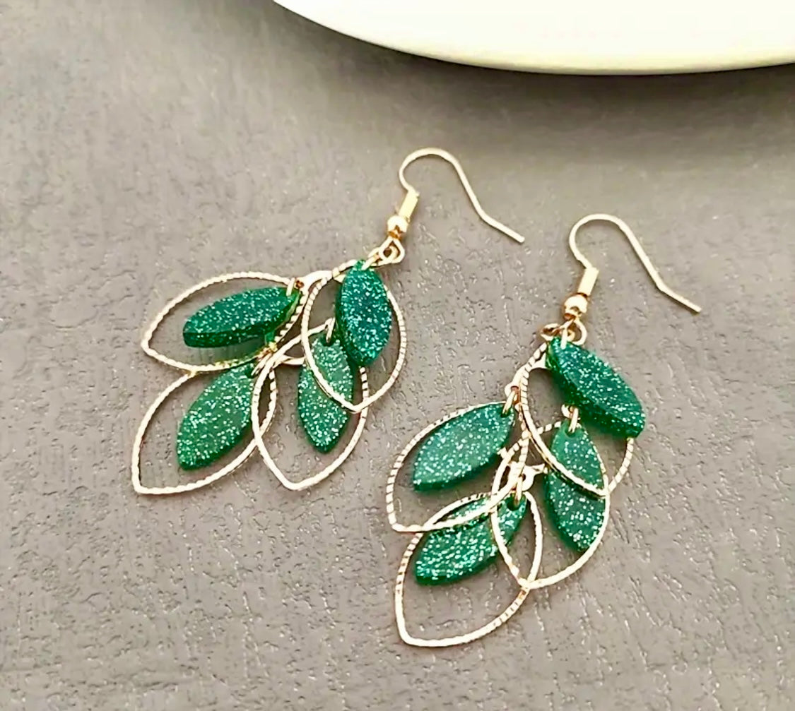 Green/Gold Shimmery Leaf Earrings