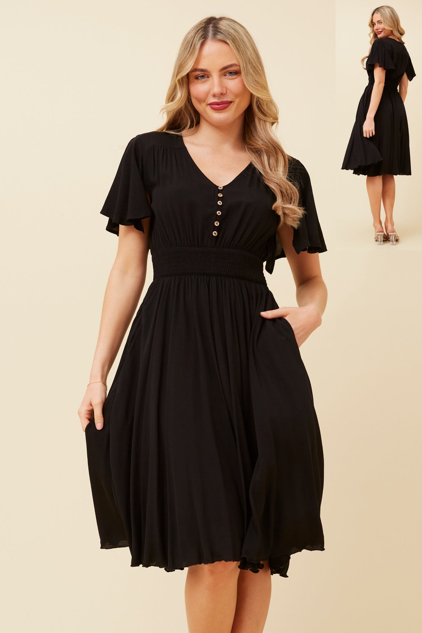 Black Flutter Sleeve Midi Dress - Caroline Morgan Clothing - Sale prices all day every day!  Elora