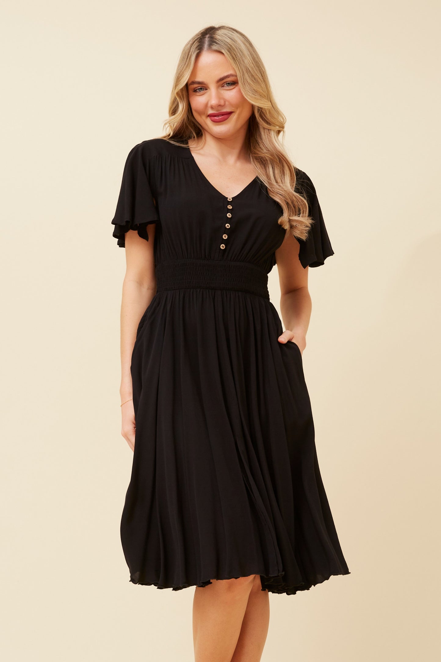 Black Flutter Sleeve Midi Dress - Caroline Morgan Clothing - Sale prices all day every day!  Elora