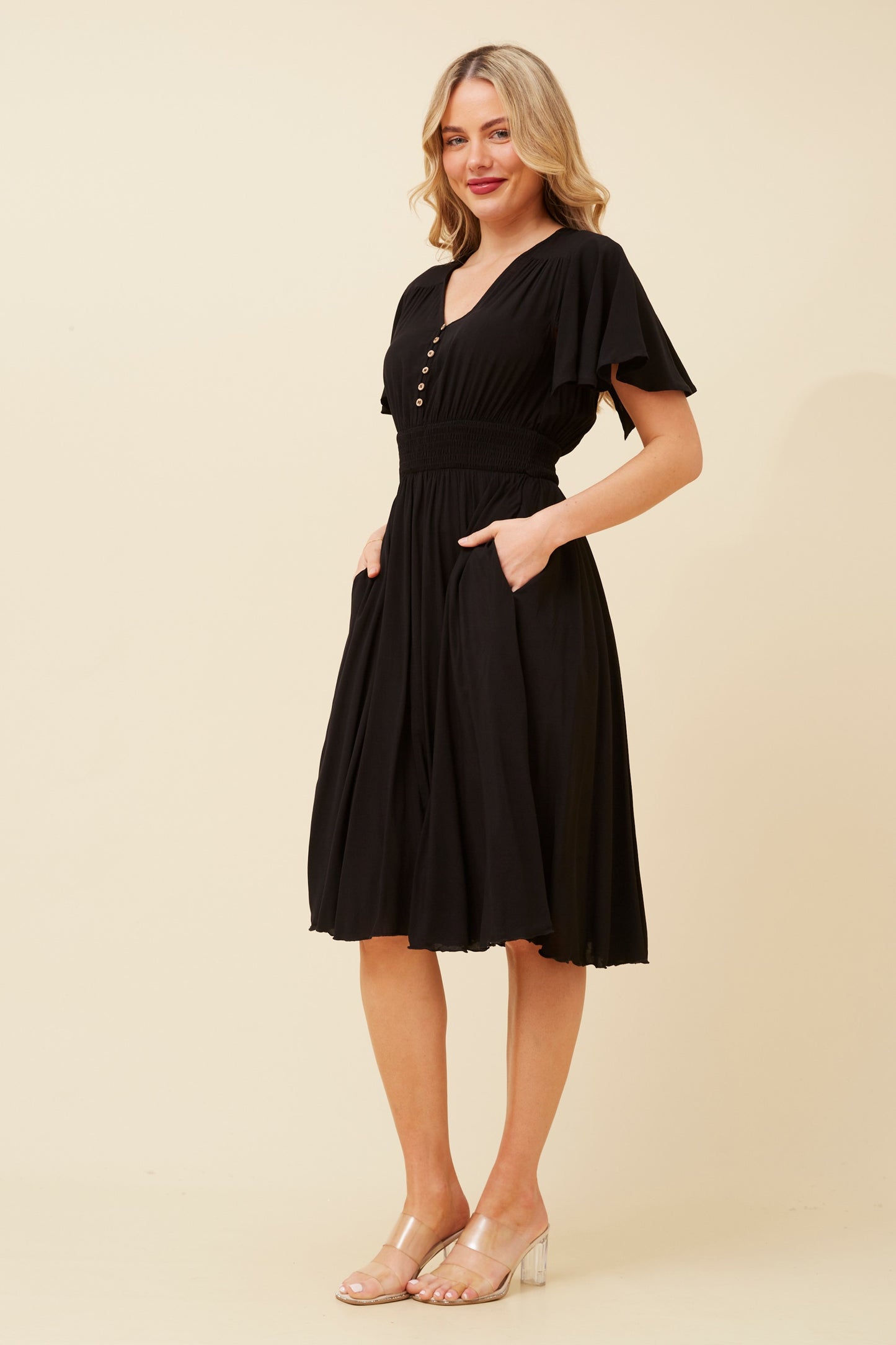 Black Flutter Sleeve Midi Dress - Caroline Morgan Clothing - Sale prices all day every day!  Elora