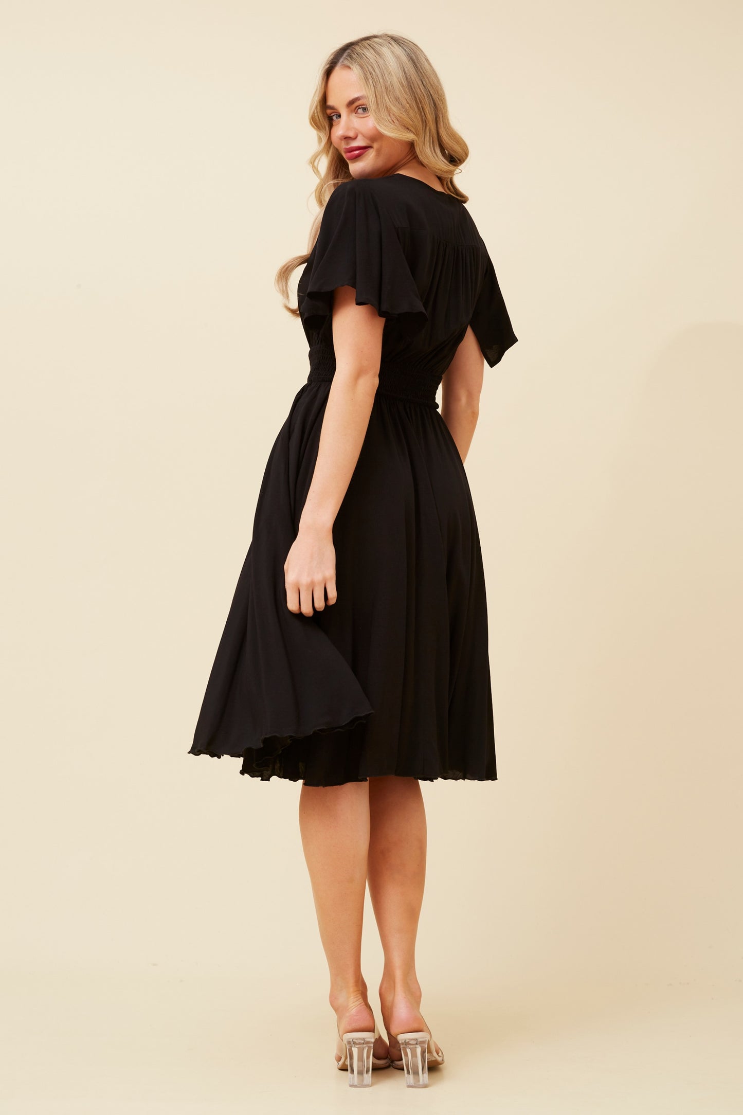 Black Flutter Sleeve Midi Dress - Caroline Morgan Clothing - Sale prices all day every day!  Elora