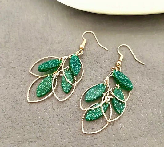 Green/Gold Shimmery Leaf Earrings